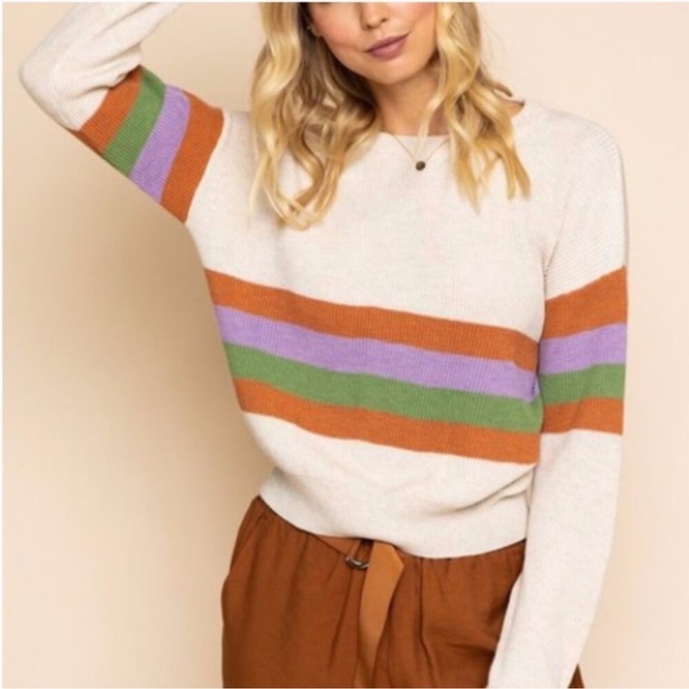 Gilli Beige Colorful Striped Crewneck Sweater size Medium